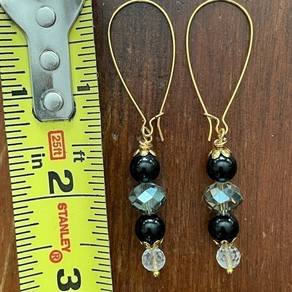 𝅺22KT Gold over Sterling Silver Earrings Genuine Black Onyx Crystal Modern Chic - Picture 6 of 6